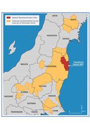 Location of the Special Decontamination Area (SDA) shown in red, and the Intensive Contamination Survey Area (ICSA) set up by the Japanese authorities at the end of 2011.