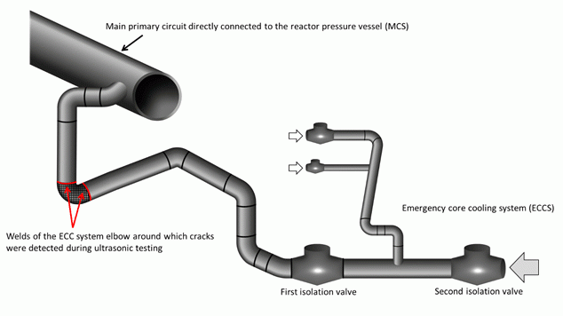 Connection of the emergency core cooling system to the cold leg of a loop of the main primary circuit 